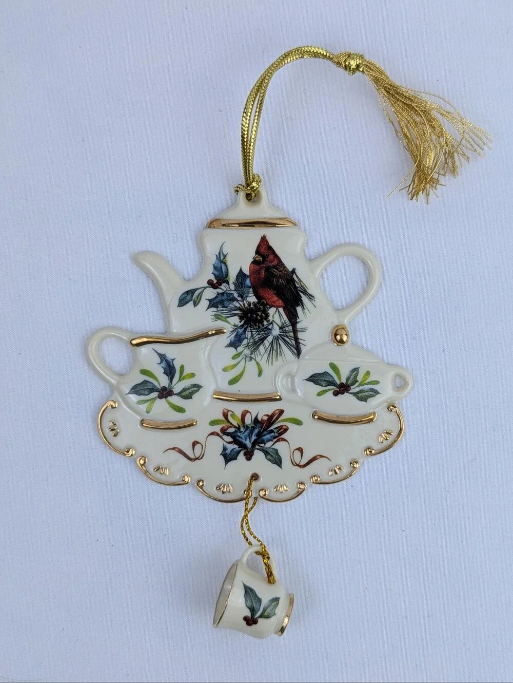Lenox Cardinal On Pine Boughs & Holly Tea Theme Holiday Christmas Ornament